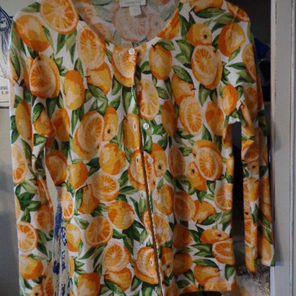 NWOT Garnet Hill Signature Merino Cardigan S Oranges Print Button Down - Picture 1 of 9